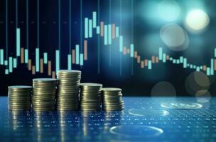 Investment concept, Coins graph stock market with candle light background. photo