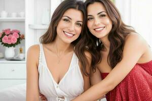 Portrait of happy stunning women at home photo