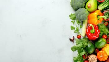 Fresh vegetables on white marble background. Top view with copy space. photo