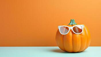 Pumpkin wearing sunglasses on orange background. 3D Rendering photo