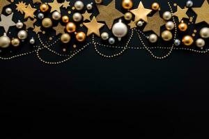 Christmas and New Year background with gold and silver decorations on a black background photo