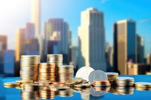 Coins stack with city background, business and finance concept idea. photo