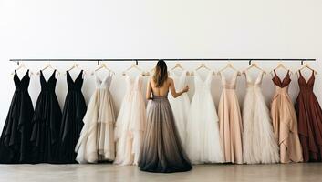 hermosa joven mujer elegir un Boda vestir en un Boda salón. foto