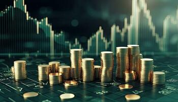 3D illustration of stack of gold coins with forex chart and stock market graph background photo