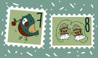 A set of cute hand-drawn postage stamps with Christmas and New Year attributes, a bullfinch with a berry, mittens and numbers. Fashionable vector illustrations in cartoon style