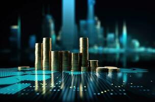 Stacks of coins with city background, business and finance concept idea. photo