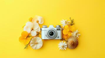 Flat lay composition with retro camera and flowers on yellow background. photo