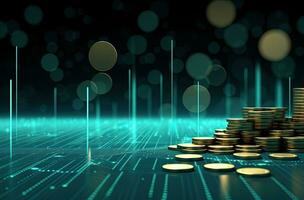 3D illustration of coin stacks with binary code and bokeh background photo