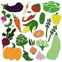 A set of stylized geometric vegetables. Natural organic farm products carrots, potatoes, tomatoes, cucumbers, onions, eggplant, beets and others. Vector flat illustration highlighted on a white