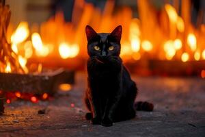 a black cat sitting in front of a fire generative AI photo