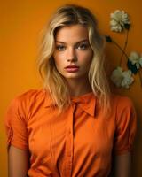 un hermosa rubia mujer en un naranja camisa y blanco flores generativo ai foto