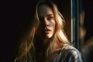 a beautiful blonde woman is looking out the window generative AI photo