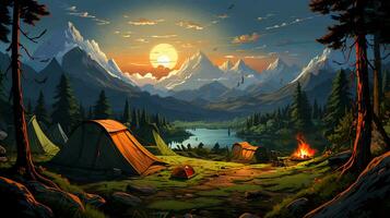 Tent for camping in the forest in nature. The concept of tourism and active recreation photo