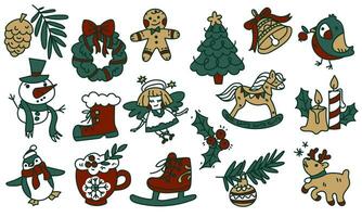 A set of colored objects for the Christmas mood in retro style. Vector illustrations drawn by hand. Drawings of Christmas accessories, food, comfort items. Elements with a green outline on white