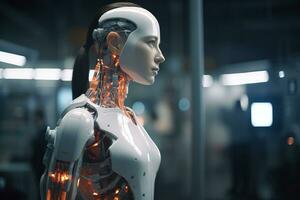 a female robot standing in front of a building generative AI photo