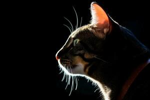 un gato es silueta en contra un negro antecedentes generativo ai foto