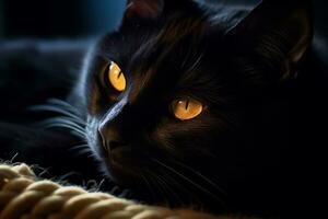 a close up of a black cat with yellow eyes generative AI photo