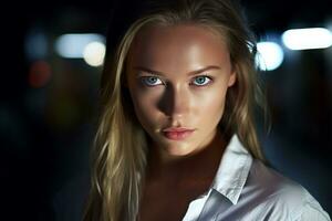 a beautiful blonde woman with blue eyes in the dark generative AI photo