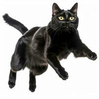 a black cat is jumping in the air on a white background generative AI photo