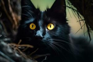 un negro gato con amarillo ojos sentado en un árbol generativo ai foto