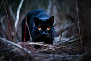 a black cat with glowing eyes in the woods generative AI photo