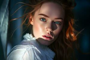 a beautiful woman with blue eyes is posing for the camera generative AI photo