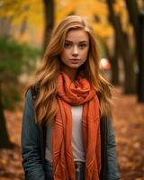 un hermosa joven mujer en un naranja bufanda en el otoño generativo ai foto