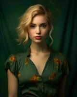 a beautiful blonde woman in a green dress generative AI photo