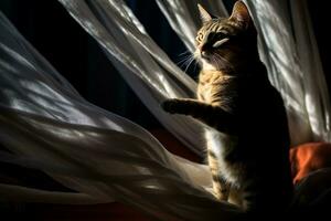 a cat standing on its hind legs in front of a curtain generative AI photo