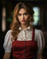 un hermosa joven mujer en un rojo y blanco vestir generativo ai foto