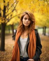 un hermosa joven mujer en un otoño parque generativo ai foto