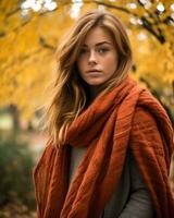 a beautiful young woman in an orange shawl generative AI photo