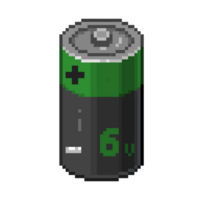 An 8-bit retro-styled pixel-art illustration of a lime green colored battery containing 6 volts. png