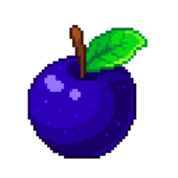 An 8-bit retro-styled pixel-art illustration of a dark blue apple with a dark green stem. png