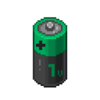 ett 8-bitars retro-styled pixelkonst illustration av en mörk grön batteri som innehåller 1 volt. png