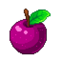 An 8-bit retro-styled pixel-art illustration of a pink apple with a dark green stem. png