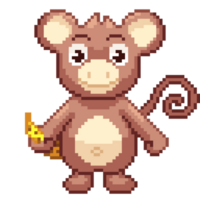 An 8-bit retro-styled pixel-art illustration of a white and pink monkey holding a yellow banana. png