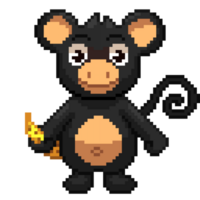 An 8-bit retro-styled pixel-art illustration of a dark gray monkey holding a banana. png