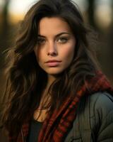 a beautiful woman with long brown hair and a red scarf generative AI photo