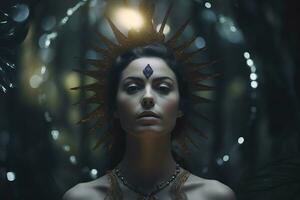 a beautiful woman with a crown on her head in a dark forest generative AI photo