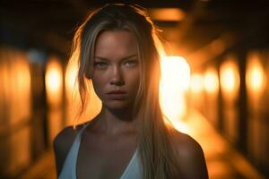 a beautiful blonde woman in a white tank top standing in a dark tunnel generative AI photo