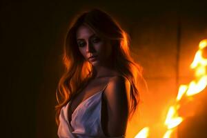 un hermosa mujer en un blanco vestir en pie en frente de un fuego generativo ai foto