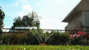 Automatic garden lawn sprinkler in action watering grass. video