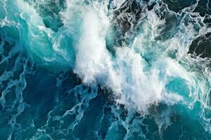 Awe-Inspiring Aerial View of Turbulent Blue Waters with Waves and White Foam Crests - AI generated photo