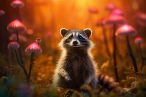Amusing Raccoon in a Magical Forest with Glowing Mushrooms AI generated photo