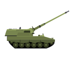 Self-propelled howitzer in flat style. Raised barrel. Military armored vehicle. Colorful PNG illustration.