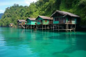 Idyllic Polynesian wooden huts on stilts standing in turquoise waters in an island bay - AI generated photo