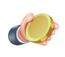 Hand holding a gold coin or one dollar coin, PNG 3d on transparent background for financial design