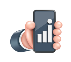 vänster hand av en affärsman i en mörk kostym är innehav smartphone med stock Diagram stigande på skärm ,png 3d på transparent bakgrund png