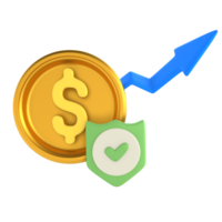 Stack profit with coin arrow and badge, financial technology 3D Icon render png